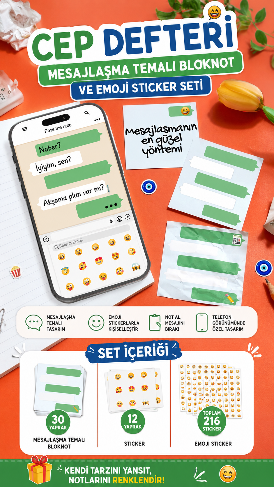 Cep Defteri Mesajlaşma Temalı Bloknot ve Emoji Sticker Seti