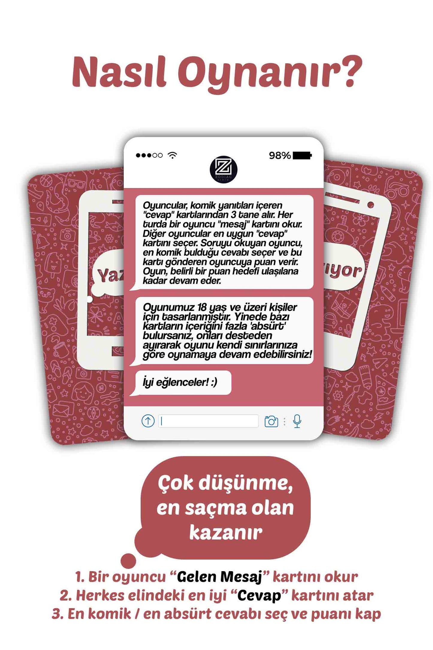 Yazıyor … (+18) Whatsapp Temalı Eğlenceli Parti Oyunu – 108 Cevap & 60 Mesaj Kartı